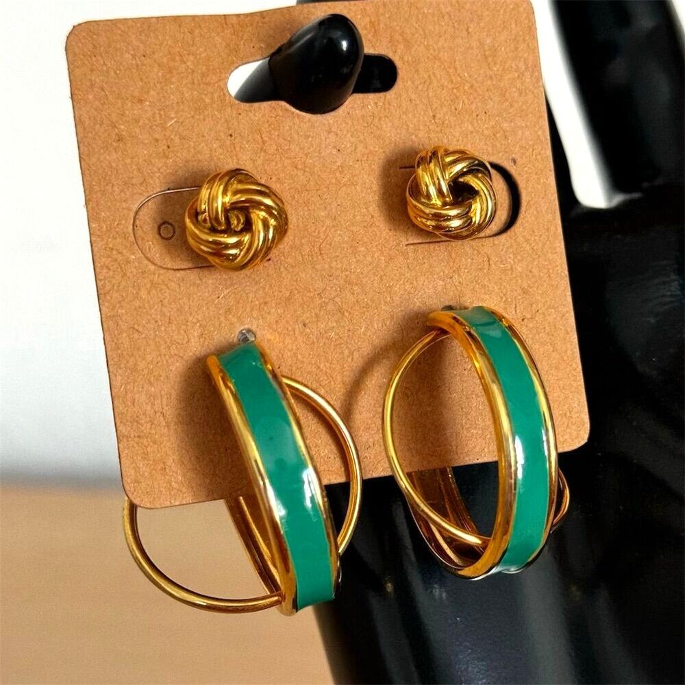 Gold Love Knot Studs & Green Enamel Multi Hoop Earring Set 2 Pair Bundle Lot